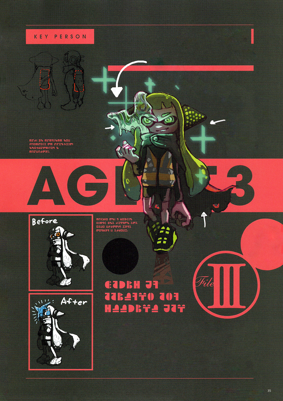 the image showcases concept art for agent 3 from the video game splatoon 3.  it features a beforeandafter depiction of the character's transformation, highlighting the change in their attire and equipment. the overall aesthetic is gritty and urban, with bold graphic elements and a limited color palette.