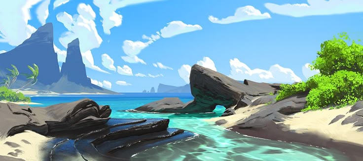 the image shows a vibrant tropical island landscape with a bright blue sky dotted with white clouds overhead. the turquoise water of the ocean meets the sandy shore, punctuated by large, dark rocks and cliffs. lush green vegetation, including trees, thrives along the coastline. the scene is rendered in a stylized, cartoonish art style, creating a picturesque and inviting view.