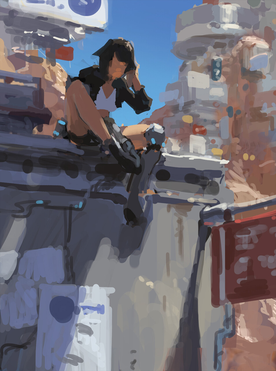 the digital painting showcases a young woman with short dark hair, dressed in a black jacket and white top, sitting pensively on a concrete structure in a futuristic cityscape. the city's buildings are rendered in a loose, painterly style, with a blend of grey and beige tones under a clear blue sky. the woman's posture and expression convey a sense of calm contemplation, creating a moody yet serene atmosphere. the overall style is expressive and dynamic, with visible brushstrokes adding texture and depth to the scene. the scene feels atmospheric, with the contrast between the woman's quiet demeanor and the bustling, futuristic environment being central to the image's narrative.