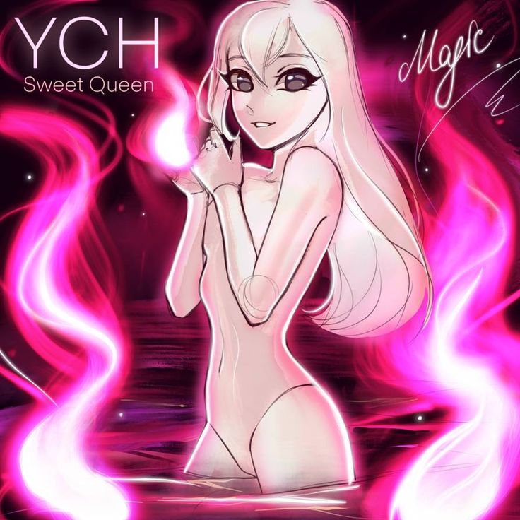 an anime style illustration of a woman with long white hair standing in a pool of pink and purple magical light. she is looking to the side with a slight smile on her face.