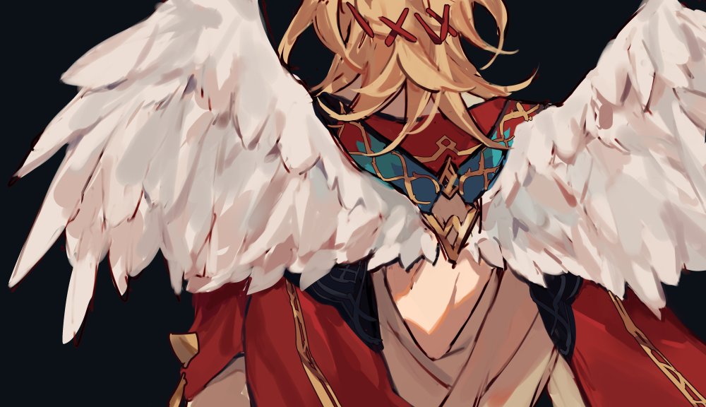 this is a digital art piece of an anime character with blond hair. they appear to be male and are wearing red and gold clothing with white feathery wings.