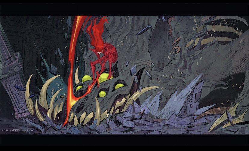 this image is a fantasy illustration of a girl in red fighting a monster. the monster is a large, dark creature with sharp teeth and claws. the girl is standing on top of the monster's head, wielding a weapon made of fire. the background is dark and foreboding, filled with rubble and smoke. the illustration is full of action and drama, and it conveys a sense of danger and excitement.