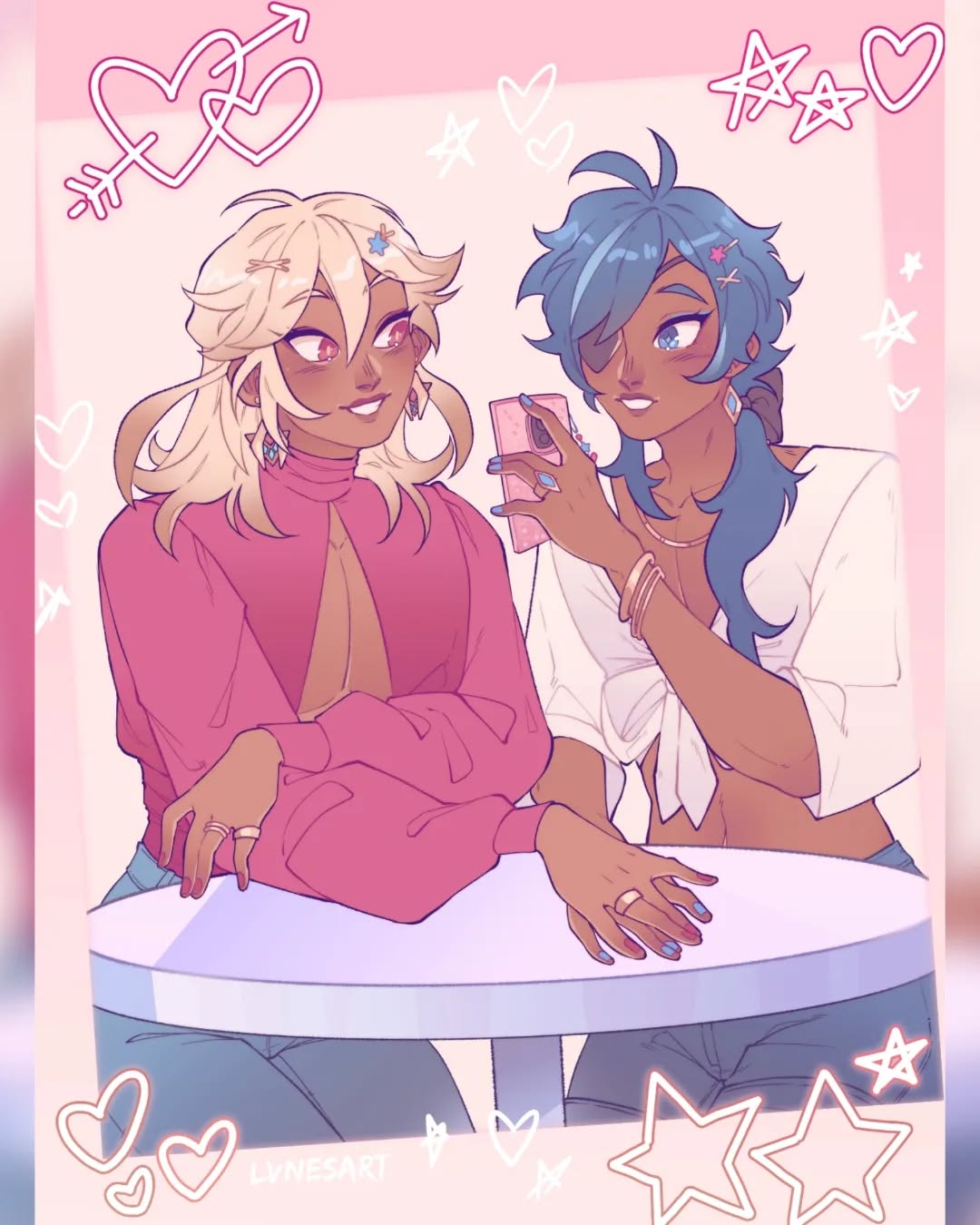 the image is a digital fanart depicting a romantic scene between two animestyle boys. one has blond hair and the other has blue hair with an eyepatch. they are dressed in pastelcolored, stylish casual clothing. the setting appears to be a café; they are sitting at a table and taking a selfie with a phone. the art style is soft and cute, with a pastel color scheme and decorative elements like hearts and stars around the image, giving it a romantic and playful atmosphere.  the overall style suggests a boys love (bl) or yaoi pairing. the picture has a polaroidlike border.