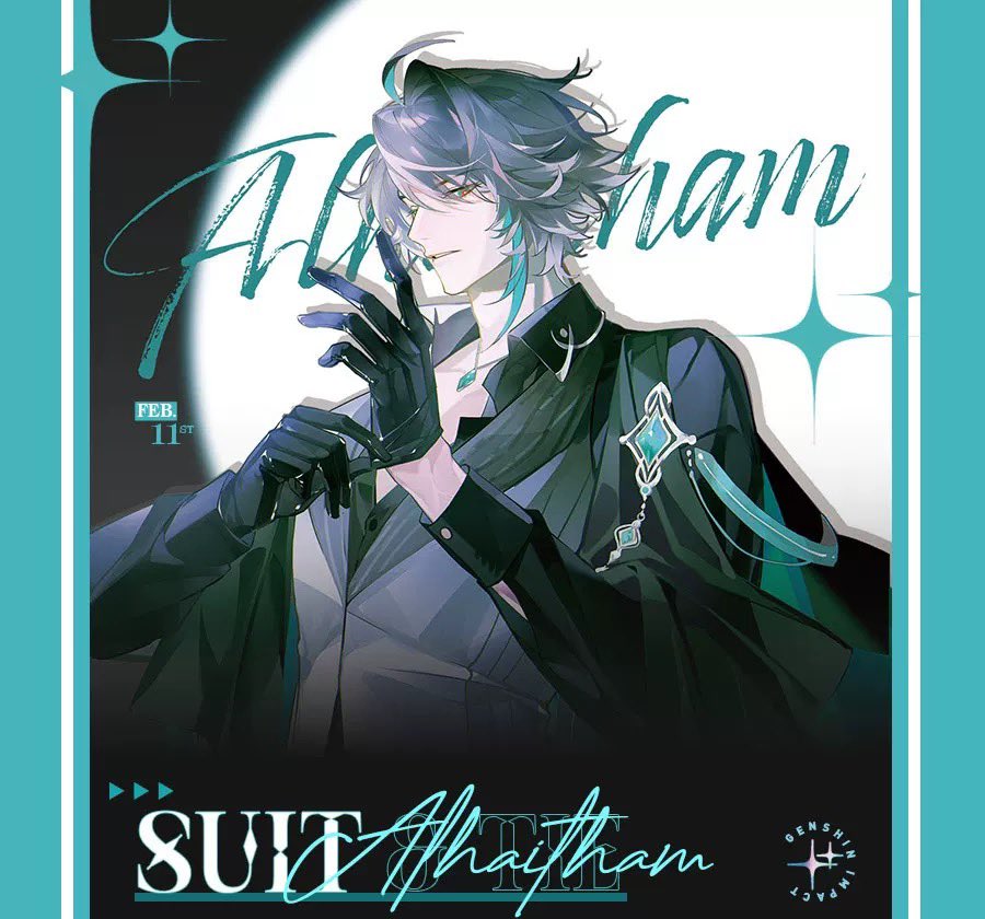 a digital illustration poster featuring the male character alhaitham from genshin impact. he is shown wearing a suit with black gloves and a green and blue accessory on his chest. he has long blue hair with a green streak and is shown with his hand holding a portion of his suit jacket. he appears to be dressed in a suit that is slightly too large for him. the poster is outlined in a teal color and has the title "suit alhaitham" at the bottom. the poster is intended to be used for marketing purposes.