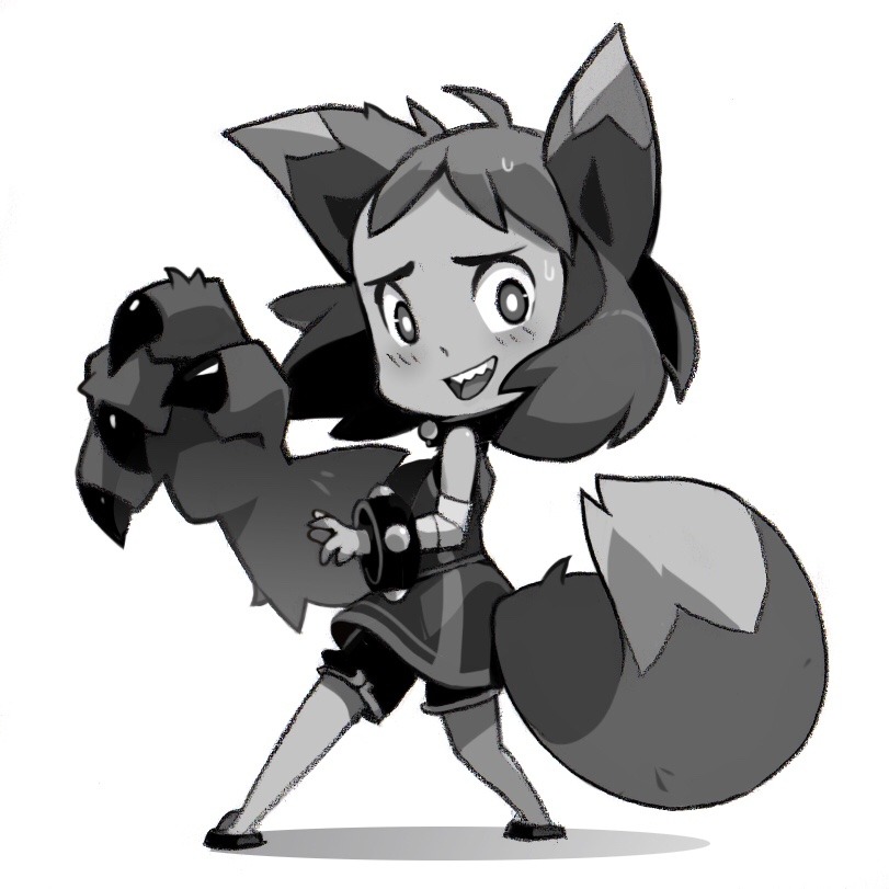 a black and white drawing of a chibi fox girl. she is wearing a dress and has a big fluffy tail. she is holding up her left hand, which has paw pads. she appears to be smiling excitedly.