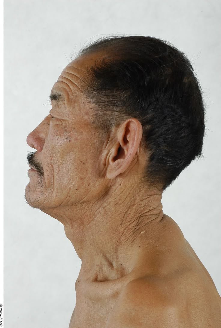 a profile view of an elderly asian man showing signs of aging, including wrinkles on his face and neck, thinning hair, and age spots on his skin. the image focuses on the details of his face, ear, neck, and upper shoulder, revealing the textures of his skin and the natural changes that come with age.