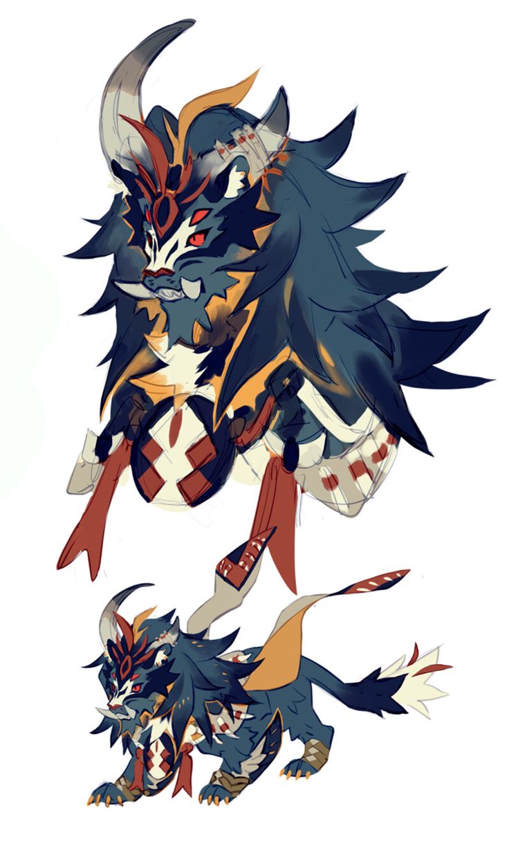 the image showcases digital concept art featuring two variations of a fantasy creature. it combines elements of lions, tigers, and oni (japanese demons), exhibiting a blend of powerful and cute aesthetics.  the creature has dark blue fur, a prominent mane,  horns, and wears intricate red, white, and orange armorlike clothing. the upper image depicts the creature in a more regal, standing pose, while the lower shows a smaller, crouching version.  the style is highly expressive and likely intended for character design or game assets. the overall color palette is rich and vibrant, contributing to the fantastical nature of the artwork.