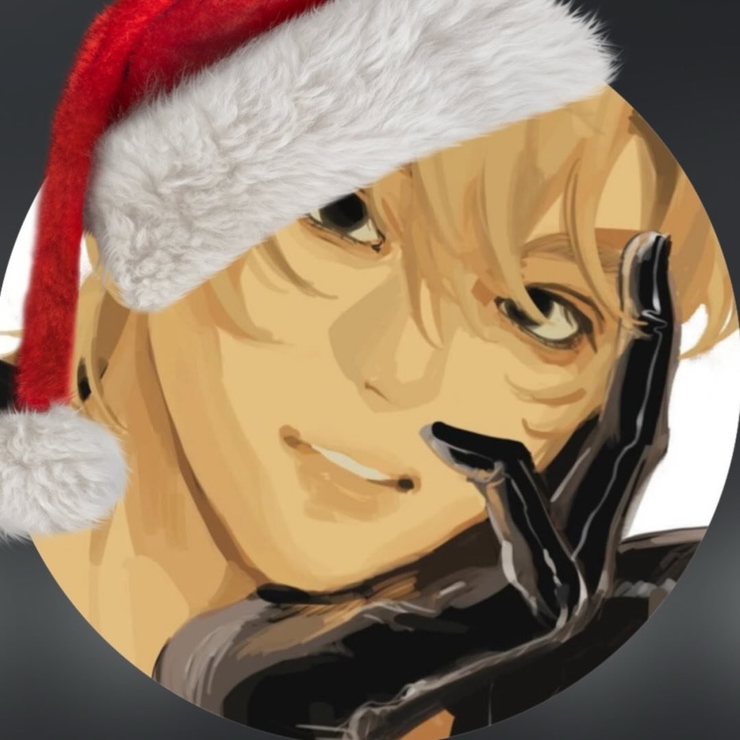 a closeup illustration of an animestyle young man wearing a santa hat and a black glove.  he's smiling subtly and has blond hair. the style is elegant and the overall mood is festive. the image is digitally created and has a soft, slightly painterly quality. the focus is on the man's face and hand.