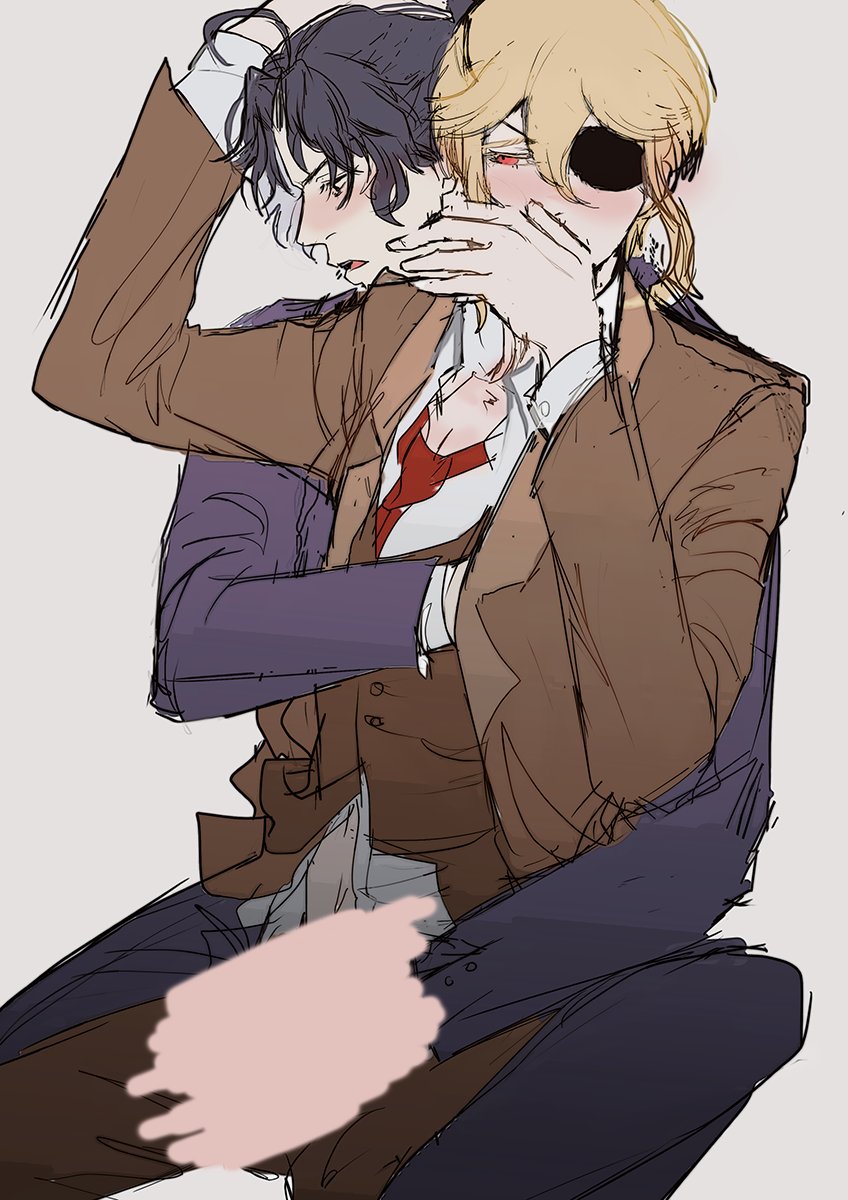 two anime men in suits are hugging each other. the one on the left is leaning his head on the other man's shoulder. they are close together, with their faces touching. the man on the right is covering his mouth with his hand, and he has an eyepatch over one eye. they are both smiling, and they seem very happy to be together.  the drawing is done in a sketchy style, with the lines being bold and the colors being muted. the background is a simple gray, which helps to focus the viewer's attention on the two men in the foreground.