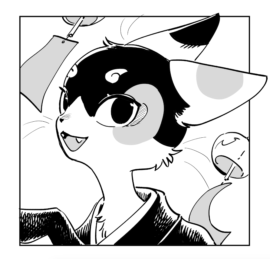 a black and white digital illustration of a furry character with large eyes and a big smile. it is a cartoon drawing of an animal with large ears and a wind chime to the right. the background is filled with a light grey and white, making the furry creature pop.