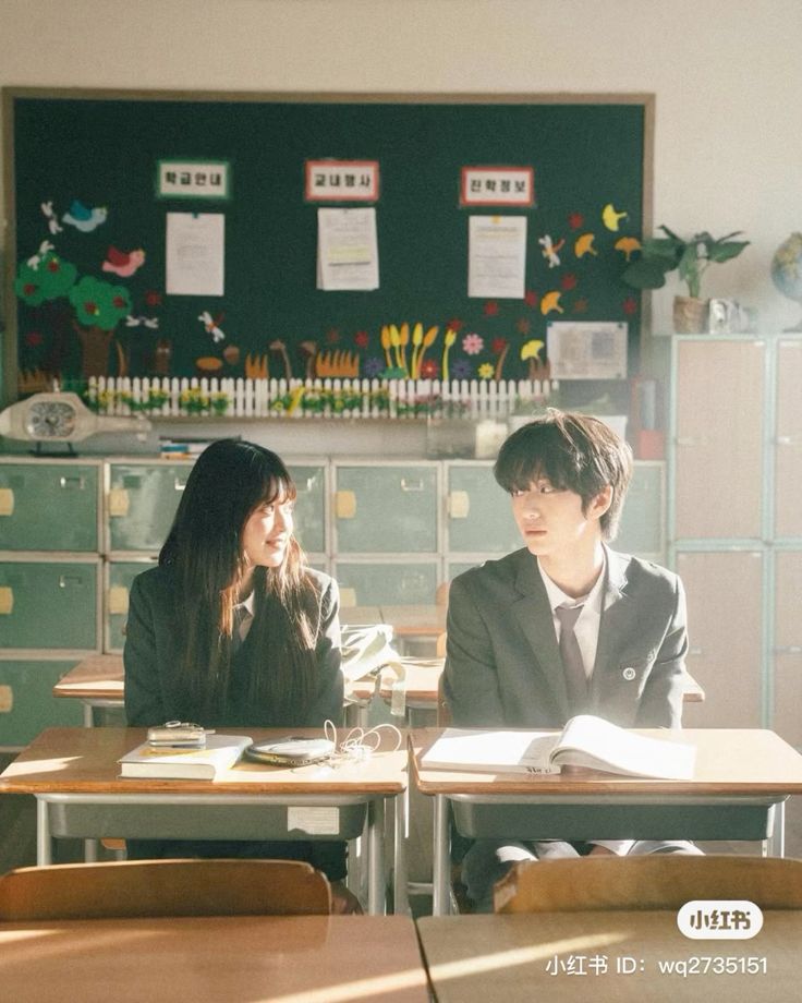 he image shows a boy and a girl sitting at desks in a bright and sunny classroom. they are both teenagers, dressed in school uniforms. they appear to be close friends or a couple, as they are looking at each other with gentle expressions.  the classroom is decorated with children's artwork on the bulletin board. the overall mood of the photo is warm, peaceful, and slightly romantic. the image has a soft, almost vintage, film quality to it. the lighting is natural and creates a soft, dreamy effect.