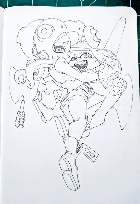 this is a black and white line art drawing of two squid girls from the video game splatoon. one squid girl is hugging the other, who is smiling brightly. the squid girls are drawn in a dynamic and playful pose.