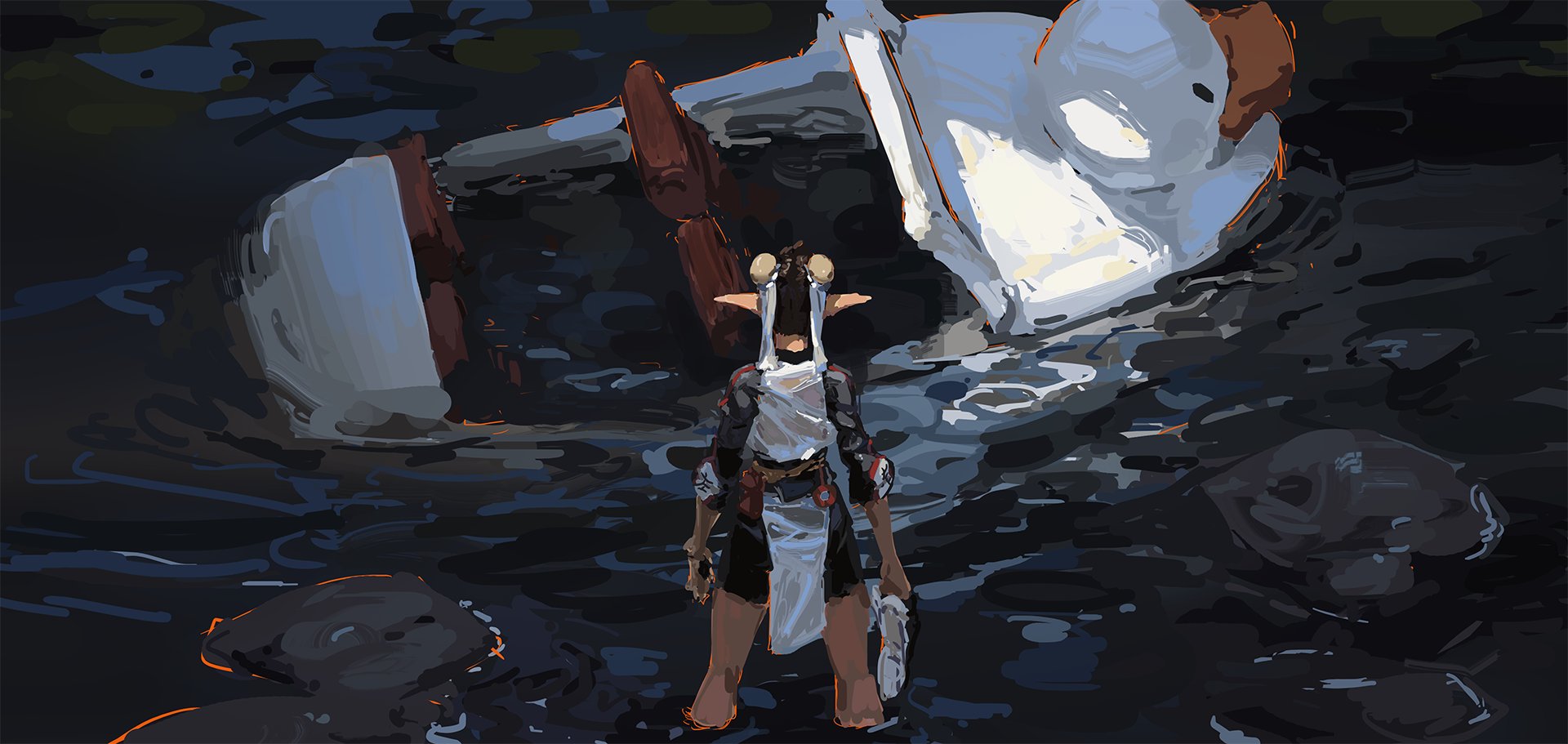 the digital painting depicts a solitary, elven female character standing in dark, murky water, gazing at a partially submerged, dilapidated boat or vessel. the scene is set at night or twilight. the water is dark and textured, suggesting a deep body of water. the boat’s remnants are mostly white and partially submerged, with hints of wood visible. the elf is dressed in a stylized outfit, with pale skin and dark hair, and has pointed ears. the overall atmosphere is mysterious and somber, with a focus on the character's isolation and the evocative mood of the wreckage. the painting style is loose and painterly, with visible brushstrokes contributing to the atmospheric effect.