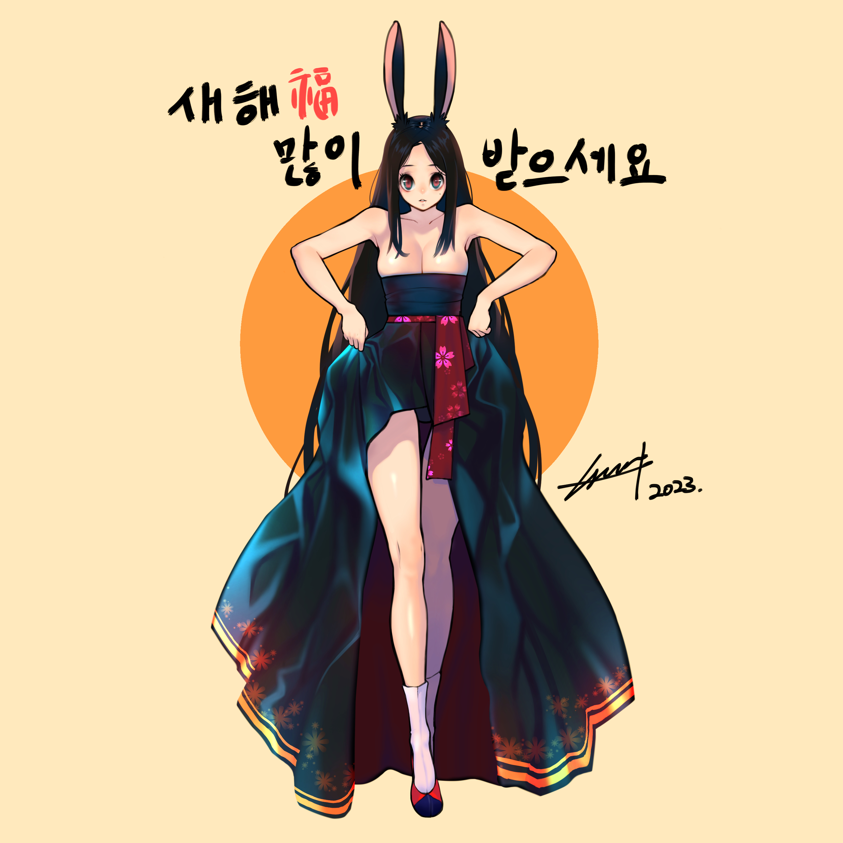 a digital illustration featuring a young woman with long, dark hair and bunny ears. she's dressed in a stylized black hanbok (traditional korean dress) with red accents. the hanbok features a high slit, revealing her legs and white thighhigh socks.  she stands against a light yellow background with a large orange circle behind her. the overall style is reminiscent of anime and manga. korean text above her head translates to "happy new year".