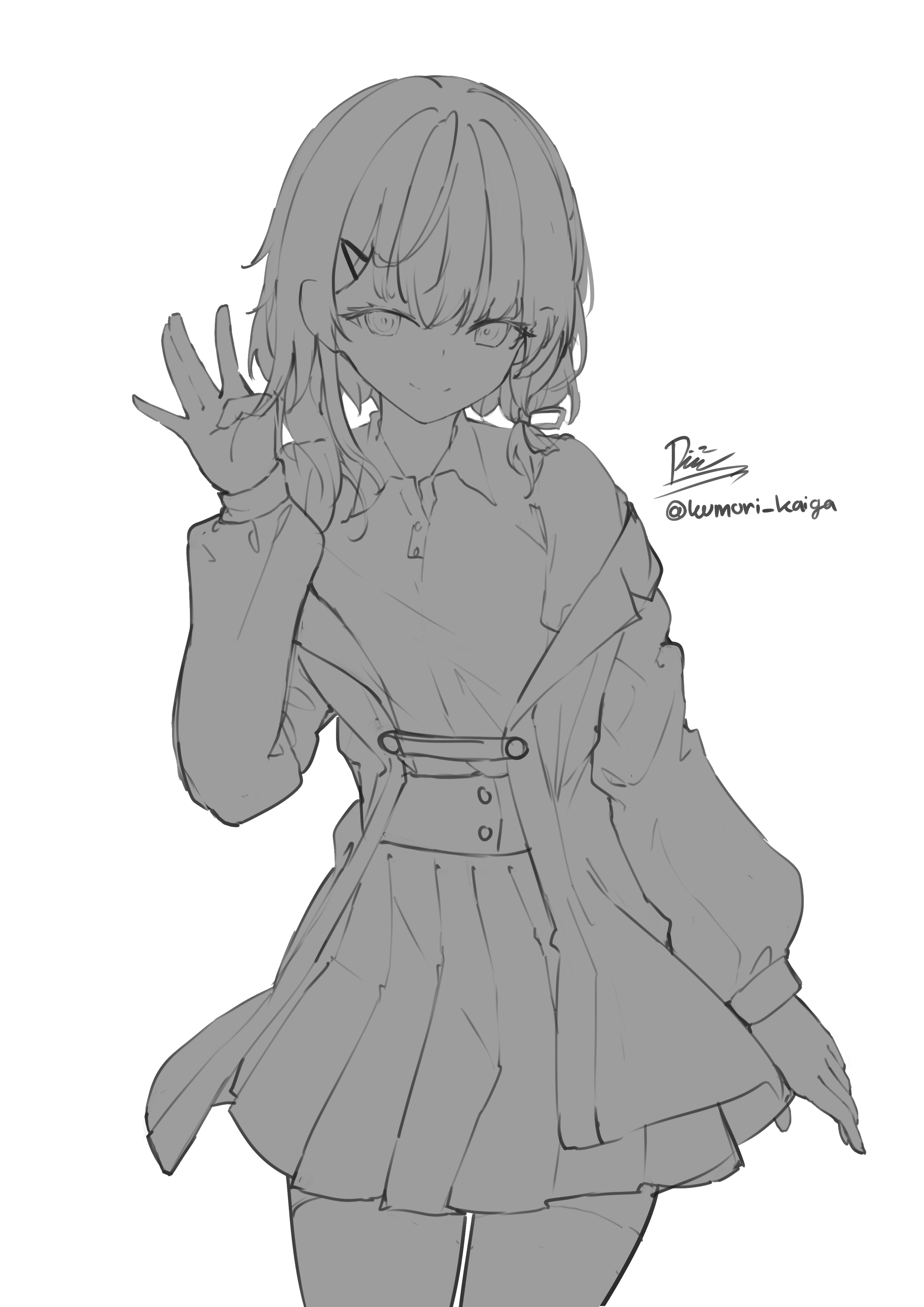 the image is a grayscale digital drawing of an animestyle girl. she has short, slightly messy hair and is wearing a jacket over a pleated skirt. she is waving with one hand. the style is loose and sketchy, characteristic of concept art or preliminary sketches. the artist's signature or handle is visible in the top right corner.