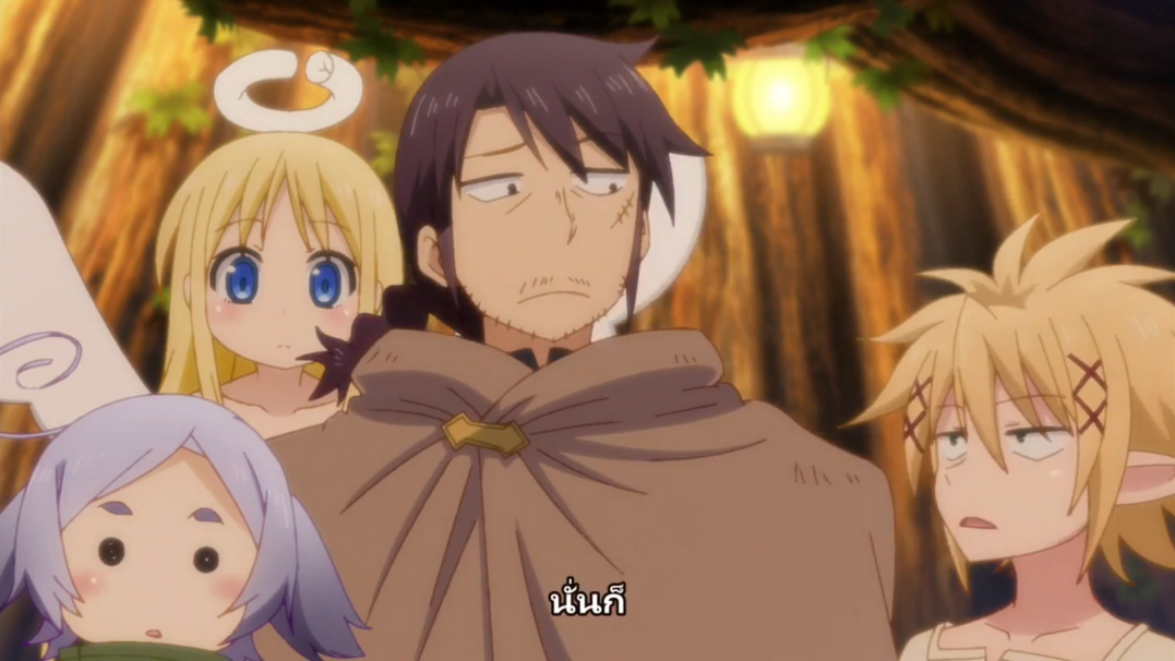 the image shows four anime characters. the main character in the middle is a boy with brown hair and brown eyes, wearing a brown cloak. he has a serious expression on his face and is looking to the left. to the right of the boy is a blond haired boy with green eyes. he has a bored, confused expression on his face. to the left of the main character is a blond haired girl with blue eyes. she's wearing a white headband and has a happy expression on her face. to the left of her is a purple haired girl with big brown eyes.  the background is a wooden wall with a light fixture hanging from the ceiling. the image includes text in thai script which reads "แม่ง".