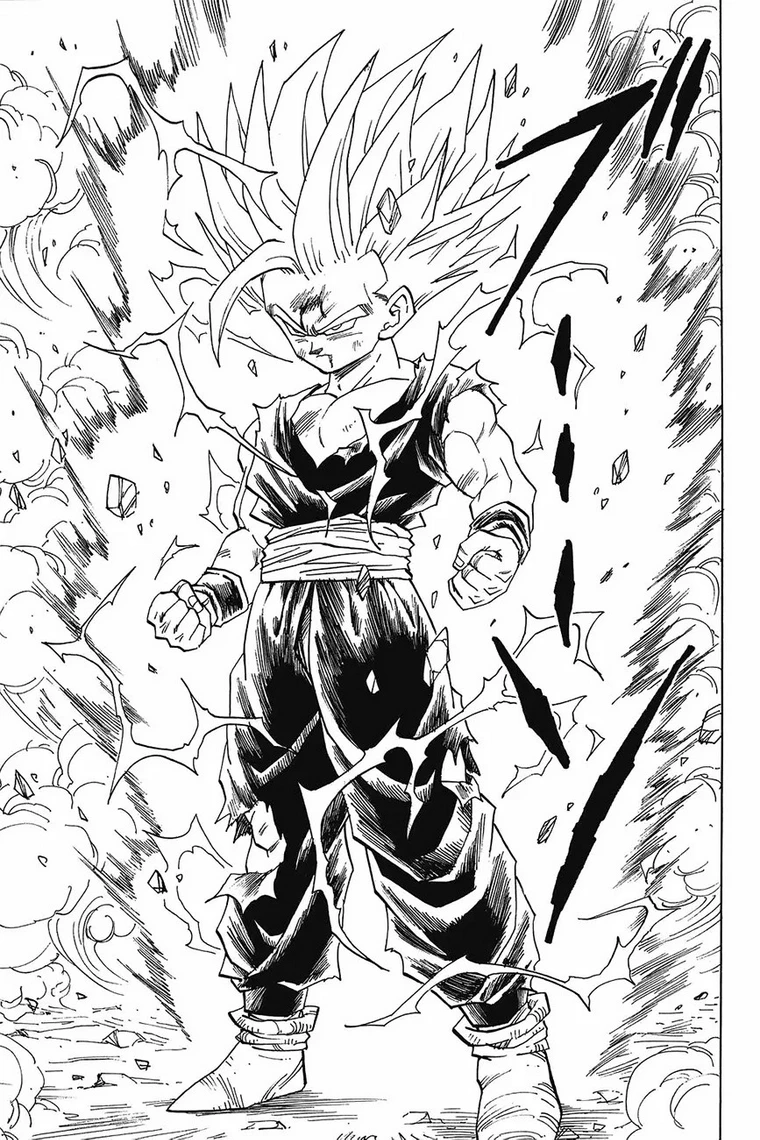a black and white drawing of gohan from dragon ball z powering up as a super saiyan. he is standing in a rocky, outdoor environment with an energy aura surrounding him. the image is drawn from a low perspective, emphasizing his power and determination.