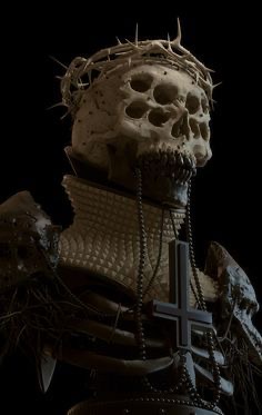 a haunting 3d rendering of a skeletal knight adorned with religious iconography. the knight's skull features multiple eye sockets, crowned with a crown of thorns. it wears intricately detailed armor and a large inverted cross hangs from its neck. the background is dark, further emphasizing the figure and creating a chilling and macabre atmosphere.