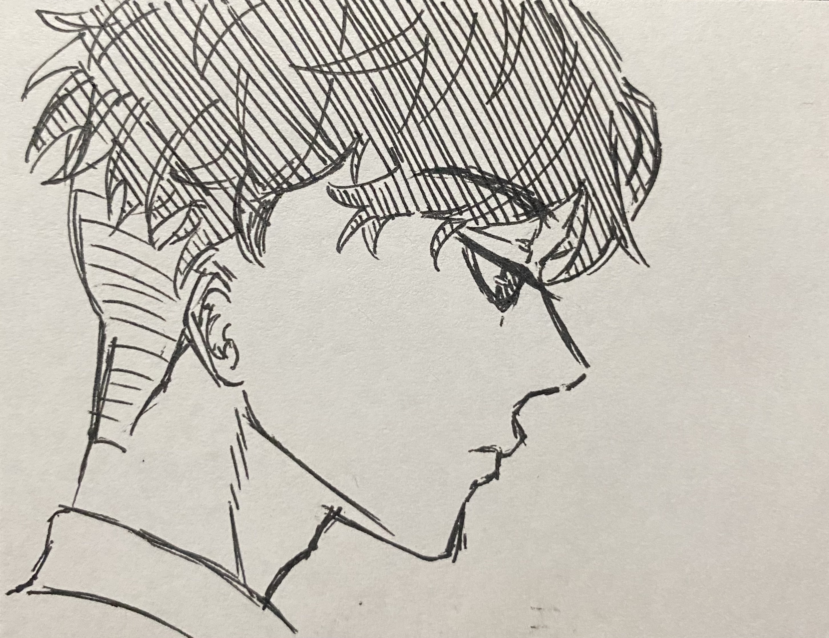 he image is a black and white pen and ink sketch of a young man's profile. the style is reminiscent of anime or manga, with simple lines and shading to create the form. the young man has short, stylish hair, and appears to be wearing glasses. his expression is serious and somewhat expressionless. the drawing is done in a minimalist style, with attention paid to capturing the likeness and essence of the character rather than adding excessive detail. the background is plain, focusing the viewer's attention entirely on the subject.