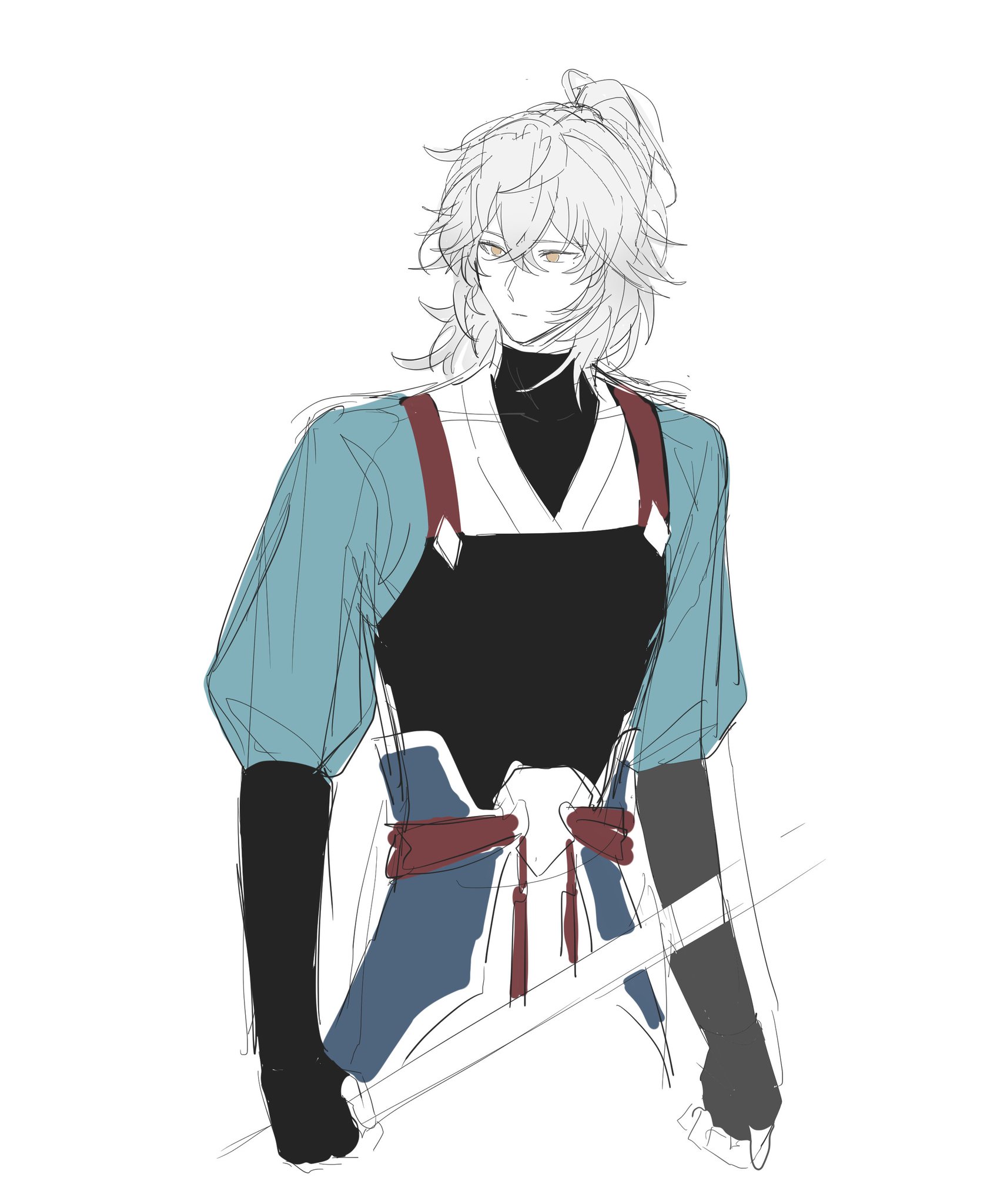 a sketch of an anime character with white hair, a blue shirt, black pants, a red belt, and a sword. the character is drawn in a simple style with minimal detail.