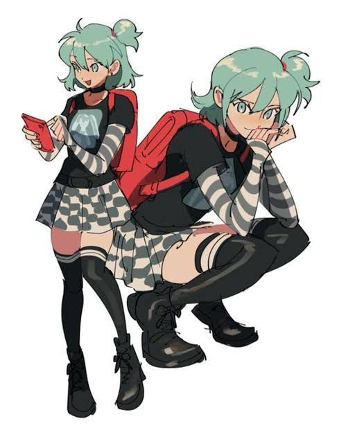 this is a digital illustration of a character from an anime or manga. she has green hair, black and white striped clothes, and is wearing thigh high socks with boots. the illustration is colorful and detailed.  the character is holding a phone in one hand.