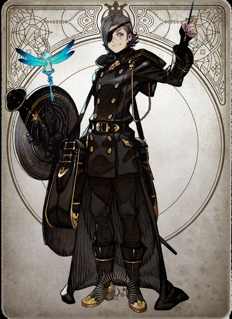 the image showcases a stylized character illustration of a man in a fantastical military uniform, set against an ornate, art nouveauinspired frame. he holds a thin baton in his right hand and carries a large, round instrument case on his left, possibly for a sousaphone or a similarly shaped instrument.  a small, glowing fairy with blue wings hovers beside him. his attire, a doublebreasted, highcollared jacket adorned with gold buttons and trim, suggests a position of authority within a fantastical military force. his confident posture and slight smirk convey a sense of charisma and perhaps a touch of mischief. the color palette leans towards a muted, antique aesthetic, with dark grays and browns accented by pops of gold and the fairy's vibrant blue.