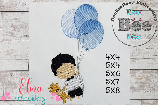 this is an embroidery design of a boy holding a teddy bear with a blue and white balloon. the design has 4 sizes: 4x4, 5x4, 5x6, 5x7, and 5x8.  the embroidery design is perfect for baby boy gifts.