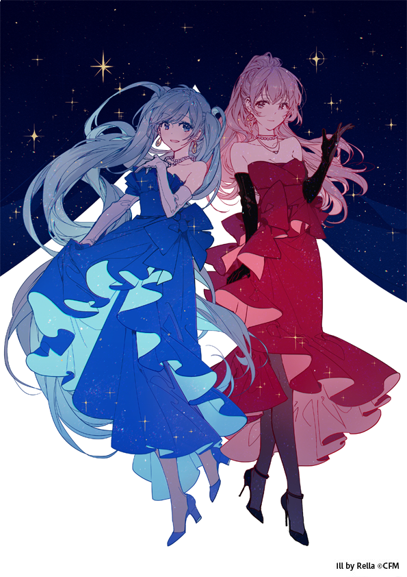 the image shows two animestyle women in evening gowns standing against a starry background. the woman on the left has blue hair styled in pigtails, a blue dress with a large bow, blue heels, jewelry, and gloves. the woman on the right has pink hair, a red dress with ruffles, black heels, jewelry, and long black gloves. the background is dark blue with sparkling stars and a white mountain shape. the illustration is signed "ill by rella ©cfm."
