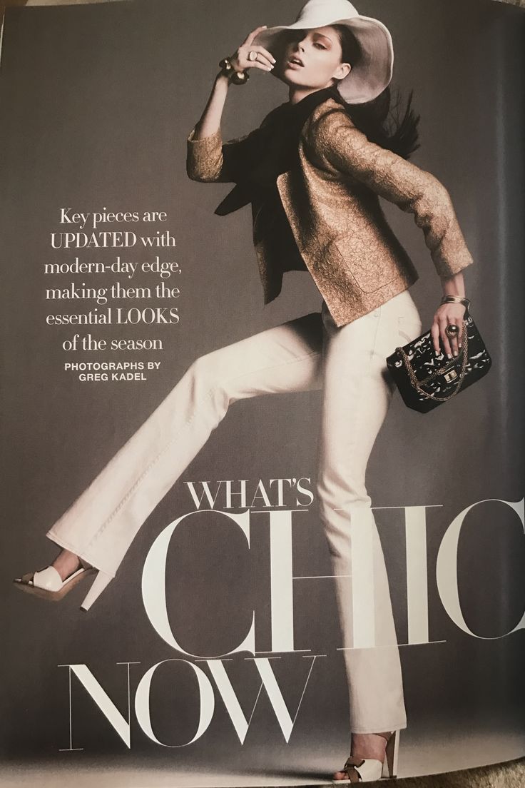 a photo of a fashion model wearing a chic outfit for the new season. she is wearing a white hat, sunglasses, a gold blazer and pants, and white heels. she is holding a black bag and has jewelry on. she is posing for the camera. the photo is from a magazine and is captioned "what's chic now".