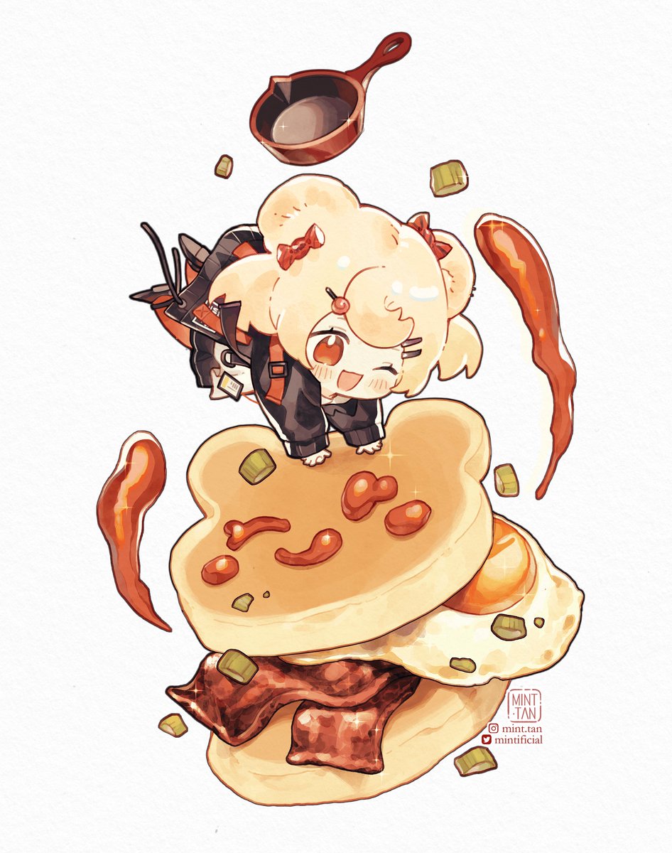 a cute anime girl with blonde hair and a red bow is standing on top of a pancake stack. the pancake stack is layered with bacon, eggs, and ketchup. the girl is looking at the viewer with a happy expression. the image is rendered in a colorful and playful style.