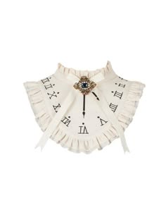 a white ruffled collar with a clock face design and a decorative brooch at the center. the collar is made of delicate lace and has a vintage feel. it would be a beautiful accessory for a special occasion.
