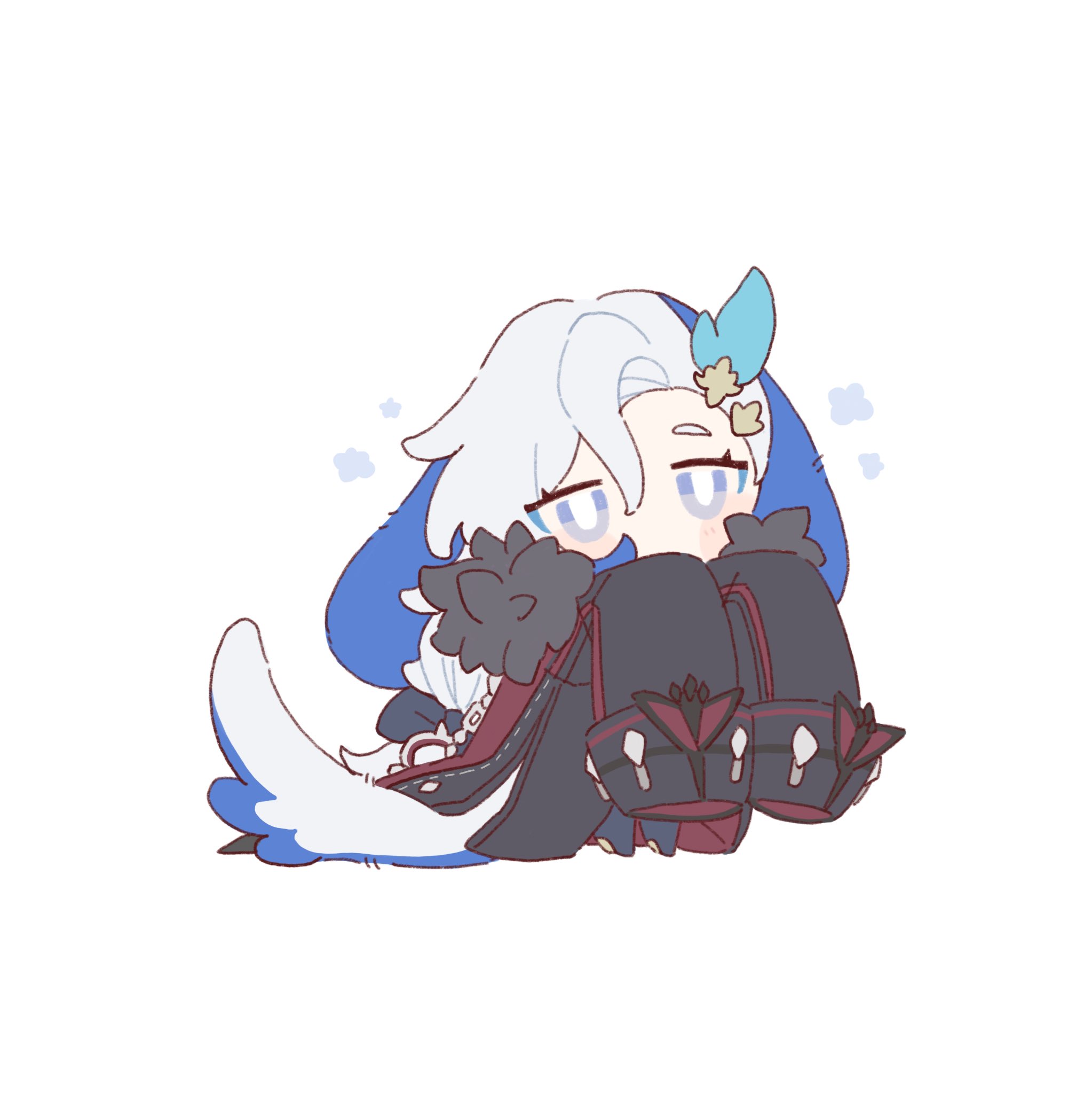 the image is a chibistyle fanart of ganyu from the game genshin impact. she is depicted in a sleepy or tired state, bundled up in her winter attire.  her design is simplified and cute, featuring large eyes, a small body, and exaggerated features common in chibi art.  the color palette is dominated by blues, whites, blacks, and reds, reflecting her ingame outfit. the background is plain white, emphasizing the character.  the overall style is soft and gentle, giving off a warm and cozy feeling.
