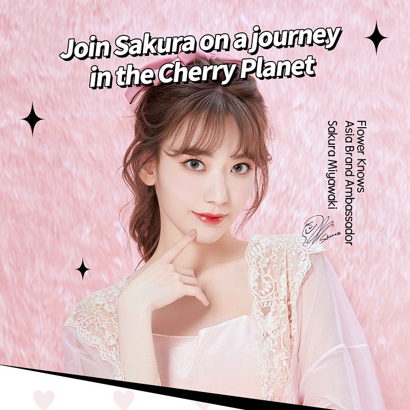 the image features a young woman with long brown hair and delicate makeup. she's wearing a lacetrimmed white top and lightly touching her face with her finger. the background is a soft pink with scattered white stars and hearts. text overlays the image, promoting a brand called "flower knows" with sakura miyawaki as the asia brand ambassador. the phrase "join sakura on a journey in the cherry planet" hints at a themed campaign or product line.