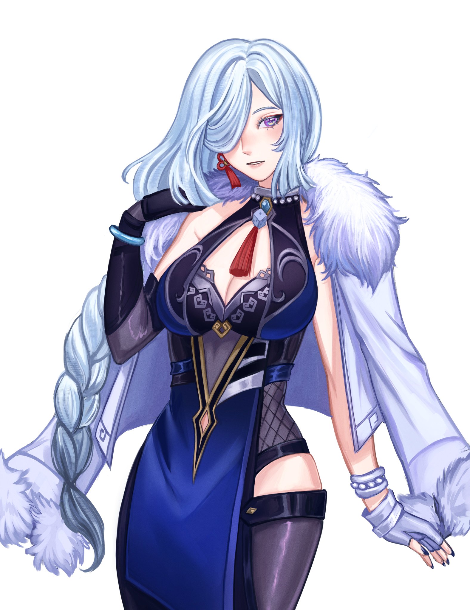 an animestyle illustration of a young woman with long flowing blue hair, braided on one side. she is wearing a revealing blue and black outfit, with a furtrimmed white jacket. she is looking directly at the viewer with a hint of a smile. the image is a digital illustration.