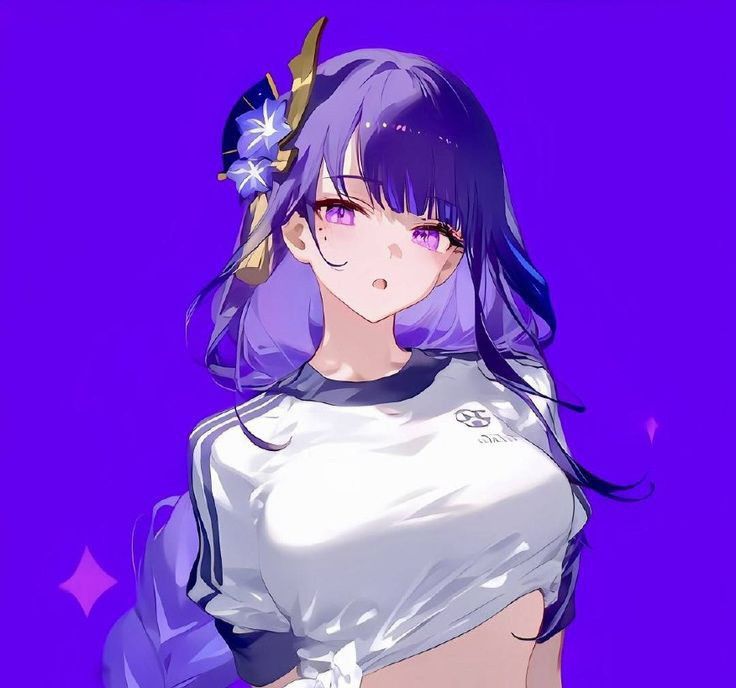 a beautiful anime girl with purple hair and eyes. she is wearing a white shirt with blue stripes. she is looking to the right, with a slight smile on her face. she looks adorable.