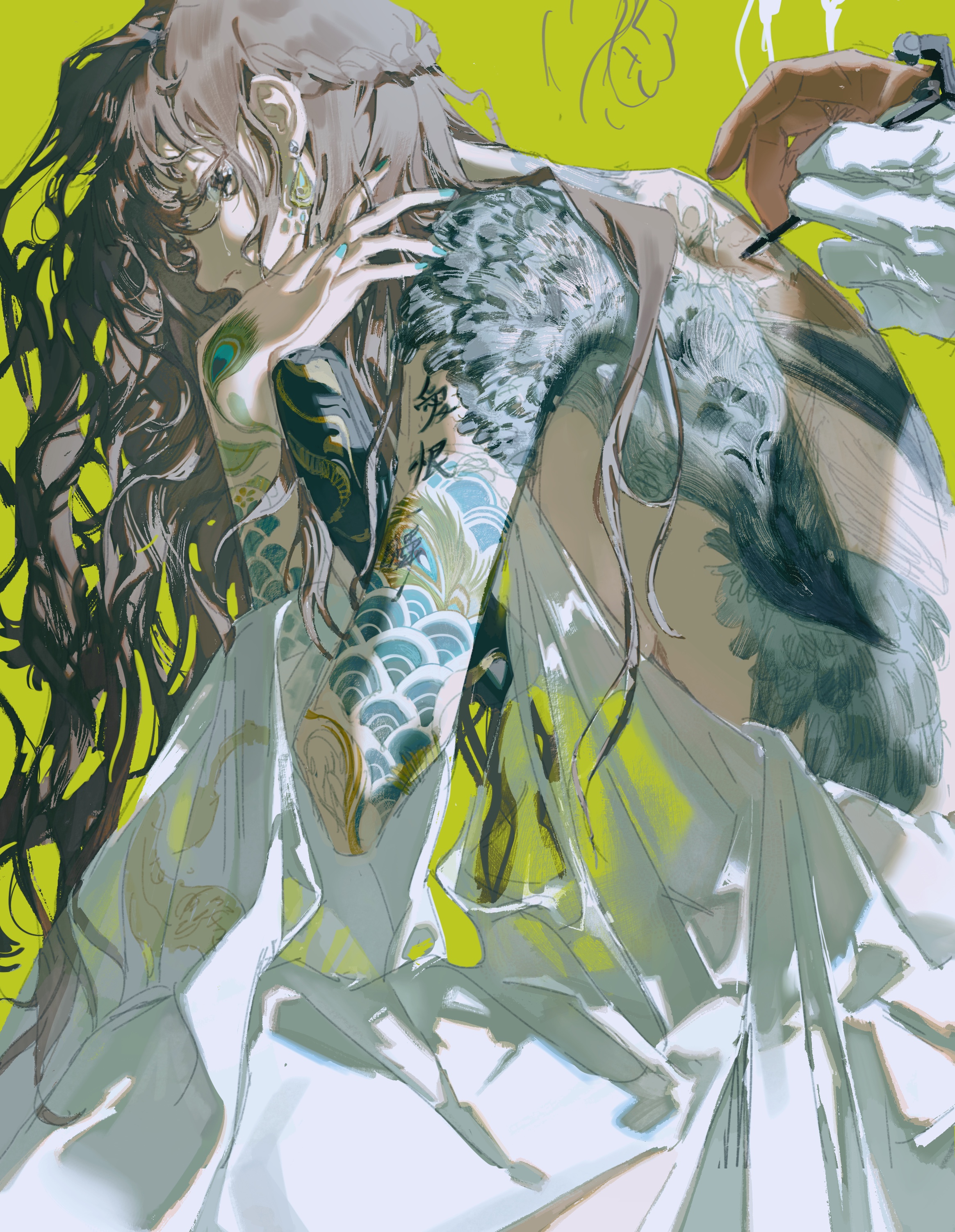 this is a digital art illustration of a woman with long hair and a colorful tattoo on her back. the tattoo is abstract and intricate, and the woman's hair is a mixture of dark and light brown. the woman is wearing a white shirt, and the background is yellow. the art style is anime, with a focus on detail and color.  the overall style is whimsical and creative, and the artwork has a very striking and modern aesthetic.