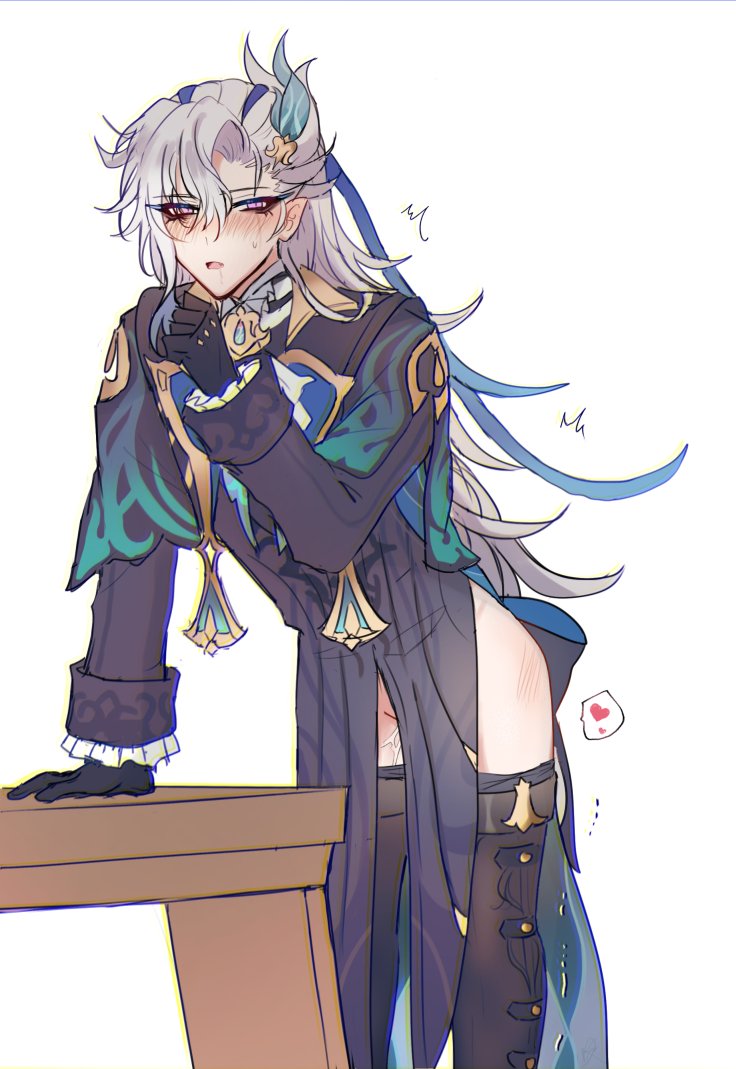the illustration features an animestyle character standing in a pose with one hand resting on a table. he is dressed in black clothes with green and golden designs, wearing white pants, garters, and stockings, with a blue ribbon in his hair. he has white hair, blue eyes, a blushing face, and a charming smile. the background is a simple white canvas, and a small pink heart is located in the corner of the image. the overall style of the illustration is casual and playful.