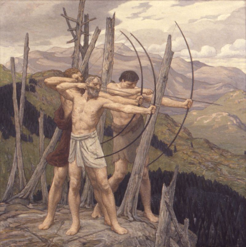 this painting depicts three nude or nearly nude men standing in a mountainous landscape. they are positioned in a row, each drawing a bow and aiming arrows forward. the foreground includes dead or decaying trees, while the background features a vista of mountains and forests under a cloudy sky. the style is reminiscent of classical or mythological art.