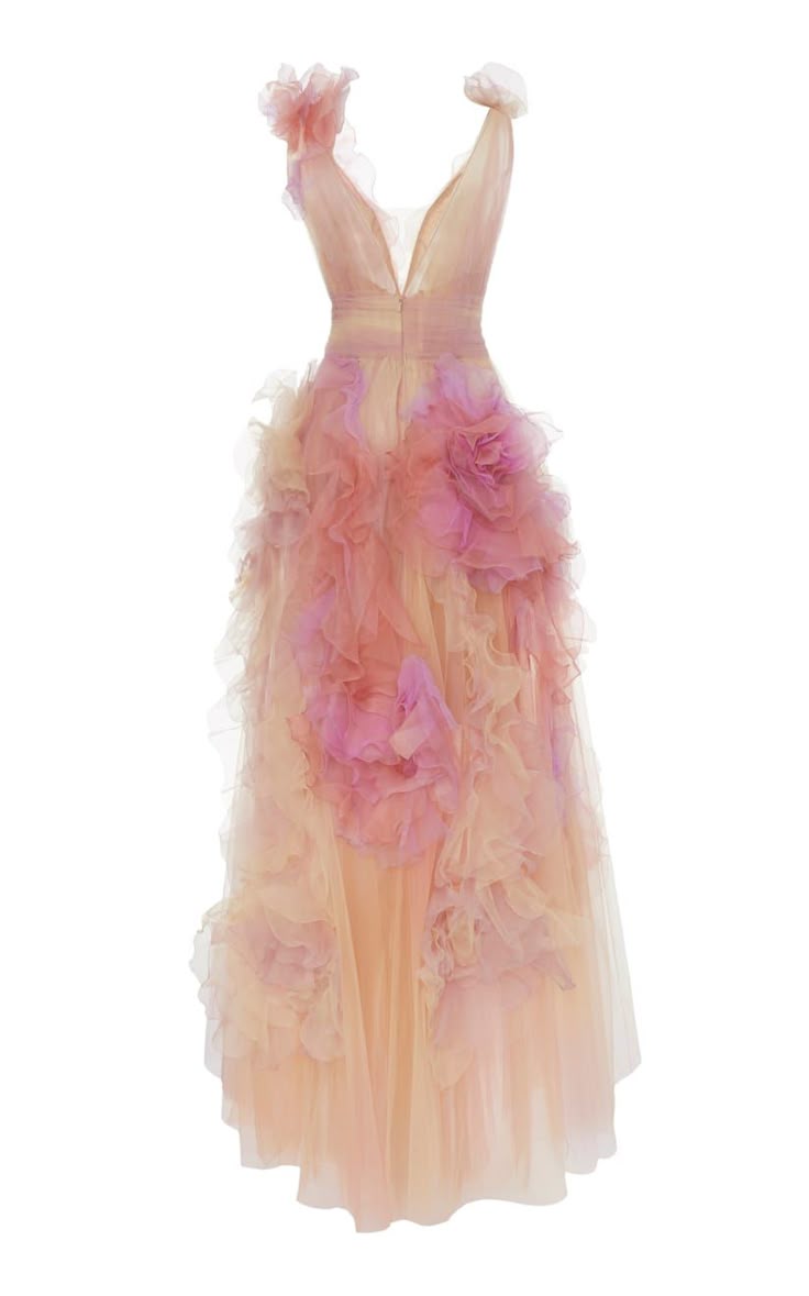 a formal gown with pink and peach tulle, featuring floral ruffles and a flowing silhouette, likely an evening dress or wedding gown.