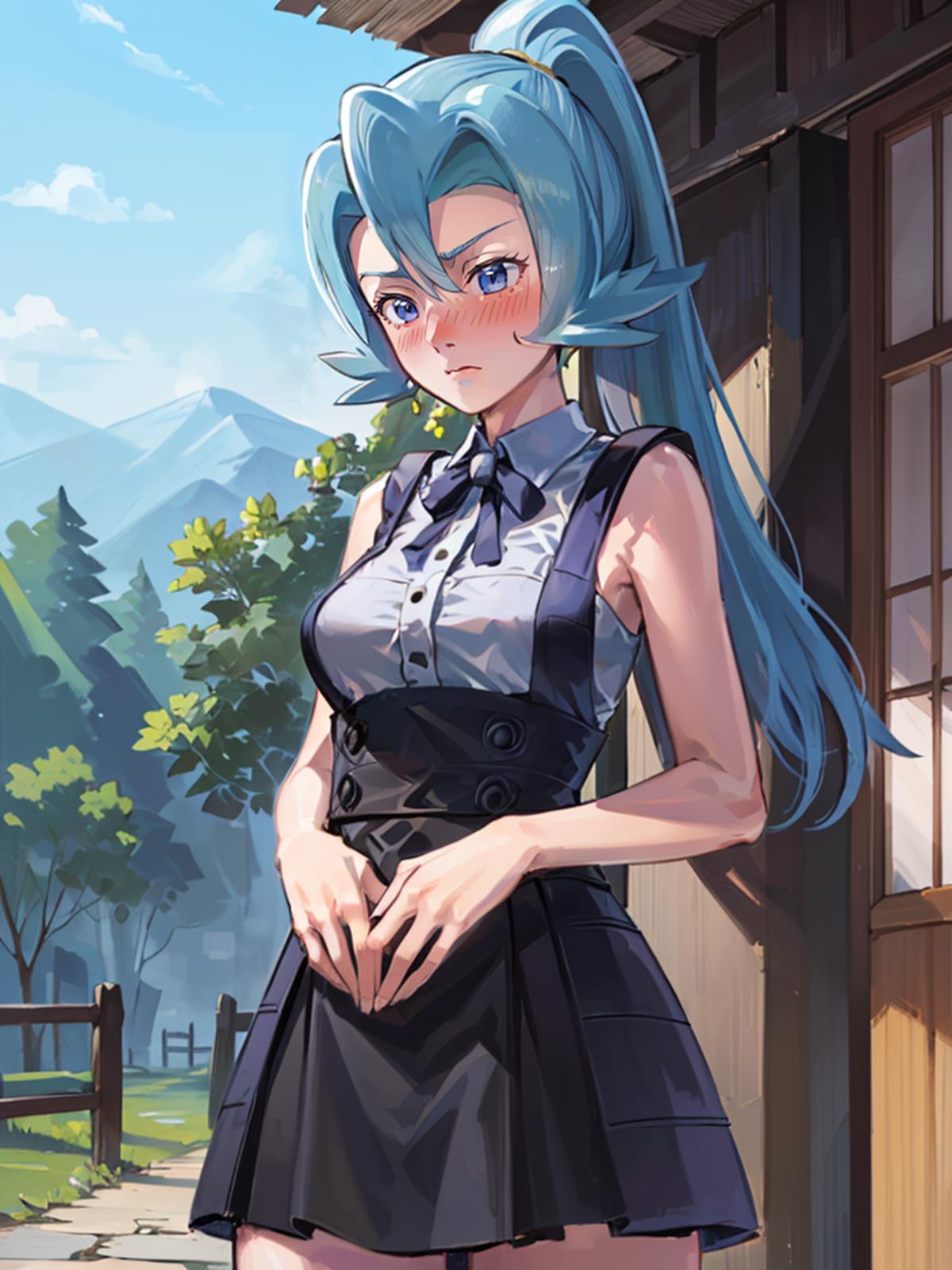 the image is a digital painting or illustration of an animestyle girl. she has long, light blue hair styled in a high ponytail.  she is wearing a darkcolored, pleated skirt over a light gray shirt with a dark bow tie. the top also has a dark colored vestlike piece. her cheeks are lightly blushed, and she appears slightly shy or bashful, with her hands clasped gently in front of her. the background depicts a rural setting with mountains, trees, and a wooden building. the overall style is bright and cheerful. the art style is highly polished and has a soft, slightly painterly quality to it.
