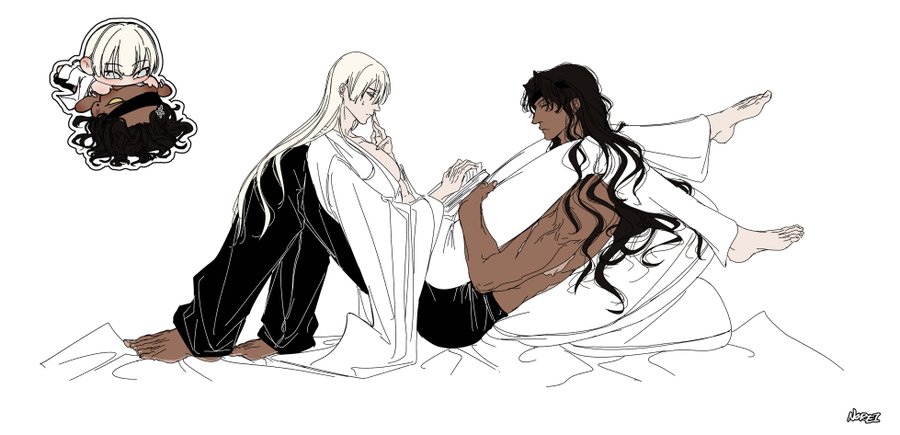 the image is a piece of fanart, likely from a yaoi (boys' love) manga or anime. it depicts two young men, one with long white hair and the other with long black hair.  they are lying close together in bed, appearing intimate and possibly asleep or cuddling.  the man with white hair is wearing a loose, white robelike garment over darker clothing, and the man with black hair is mostly clothed in lighter apparel. a smaller, chibistyle version of the couple is included in the upper left corner, suggesting a playful or affectionate element. the art style is clean, primarily using black and white lines with some shading and gray tones. the overall mood is romantic and tender.