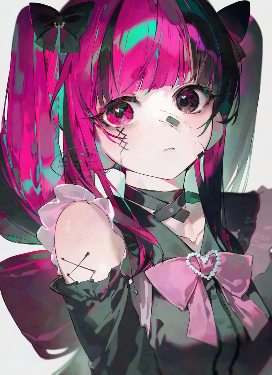the image depicts a stylized anime girl with a gothic aesthetic. she has striking pink hair styled in pigtails, adorned with black bows. her eyes are large and expressive, and she has bandages on her face and a stitched mark on her cheek. she wears a black choker and a black dress with frilled sleeves and a pink bow with a heartshaped embellishment.