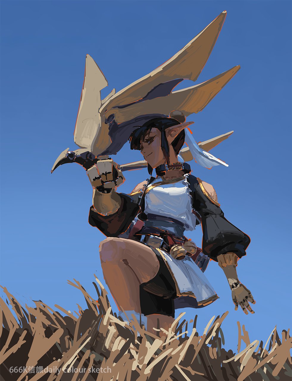 the image is a digital painting showcasing a fantasy character, possibly an elf, with pointed ears and light skin. she is wearing a unique outfit that blends fantasy and technological elements.  a significant portion of her attire appears to be a large, winglike structure that looks both organic and mechanical, suggesting a bird or flying machine.  she holds a dark birdlike creature in a roboticlooking hand.  her clothing is a combination of loose, flowing fabric and more formfitting, protective garments. her other arm displays a mechanical appendage.  the scene's setting is a field of tall grass under a bright blue sky, suggesting an open, natural environment.  the style is painterly and loose, characteristic of a quick sketch or concept art. the image is clearly labeled as a "daily colour sketch" by the artist.