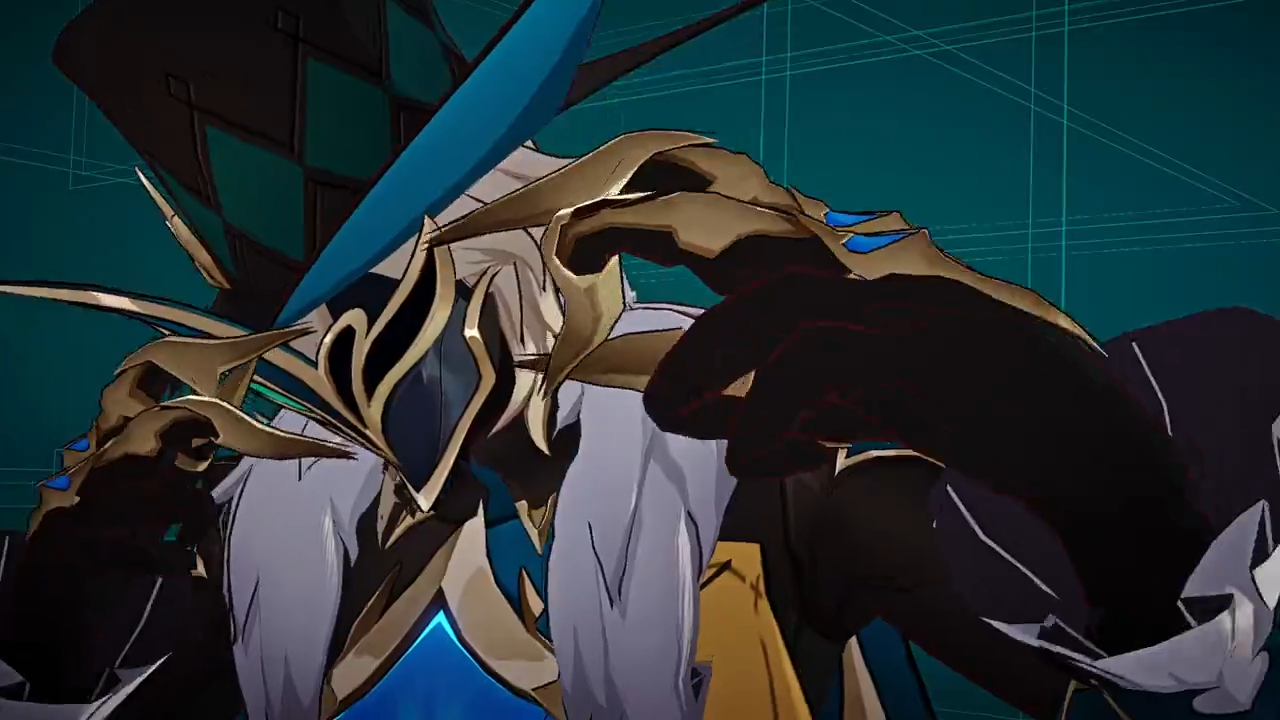 a digital illustration of an anime character with blue and white hair.  he is wearing a black and gold suit, a black and gold mask, and a blue and green hat. he is staring at the viewer with an intimidating expression. his hands are clenched, and he is standing in front of a teal background.  the image is in the style of a video game.