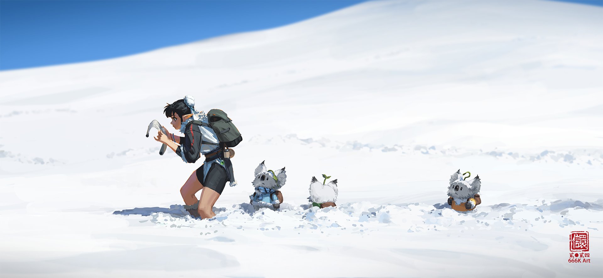 the illustration depicts a young animestyle girl, carrying a backpack and a pickaxe, traversing a vast, snowy mountainous landscape under a bright blue sky. she is accompanied by three small, fluffy, koalalike creatures, each seemingly carrying a small object on their backs. the scene evokes a sense of adventure, exploration, and companionship in a cold, wintery setting. the art style is soft and painterly, with a focus on light and atmospheric perspective. the overall mood is peaceful yet adventurous.  a small artist's signature is visible in the bottom right corner.