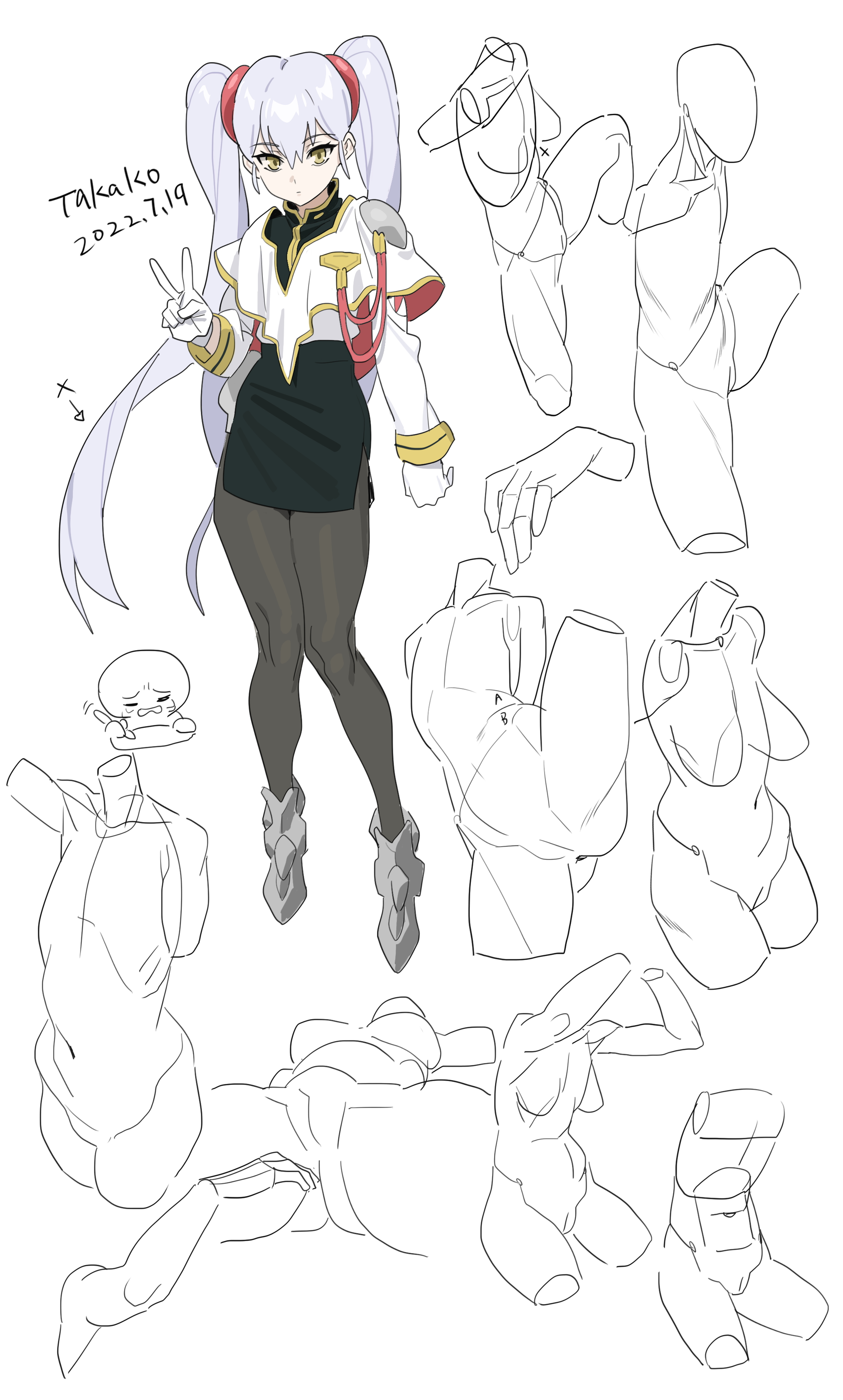 the image presents a collection of animestyle sketches. the main subject is a female character named takako in a uniform, drawn with silver hair in twin tails, gold accents on her outfit, a black skirt, and gray tights. she poses making a peace sign. surrounding her are various body studies and mannequin sketches depicting different poses and angles, including torso studies and a hand study. the artwork appears to be a practice session, indicated by the diverse range of poses and studies. the date "2022.7.19" is written next to the character's name.