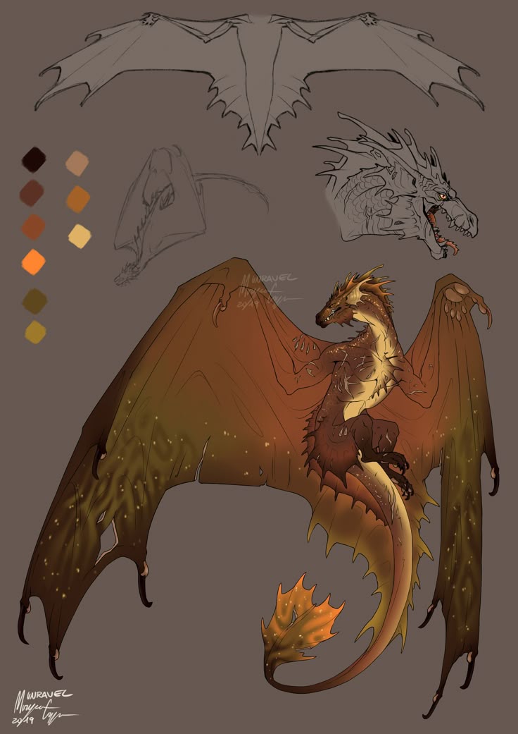 the image shows a digital illustration of a dragon in a concept art style. the dragon is depicted in a dynamic pose, with large, ornate wings spread out. its body is covered in scales, and it has sharp claws and a long, elegant tail with spines. the dragon has an elongated head with a slightly open mouth, revealing teeth. at the top of the image, there are also sketches of the dragon's head and wing structure, along with a color palette of earthy tones. the overall style suggests a fantasy or mythological theme.