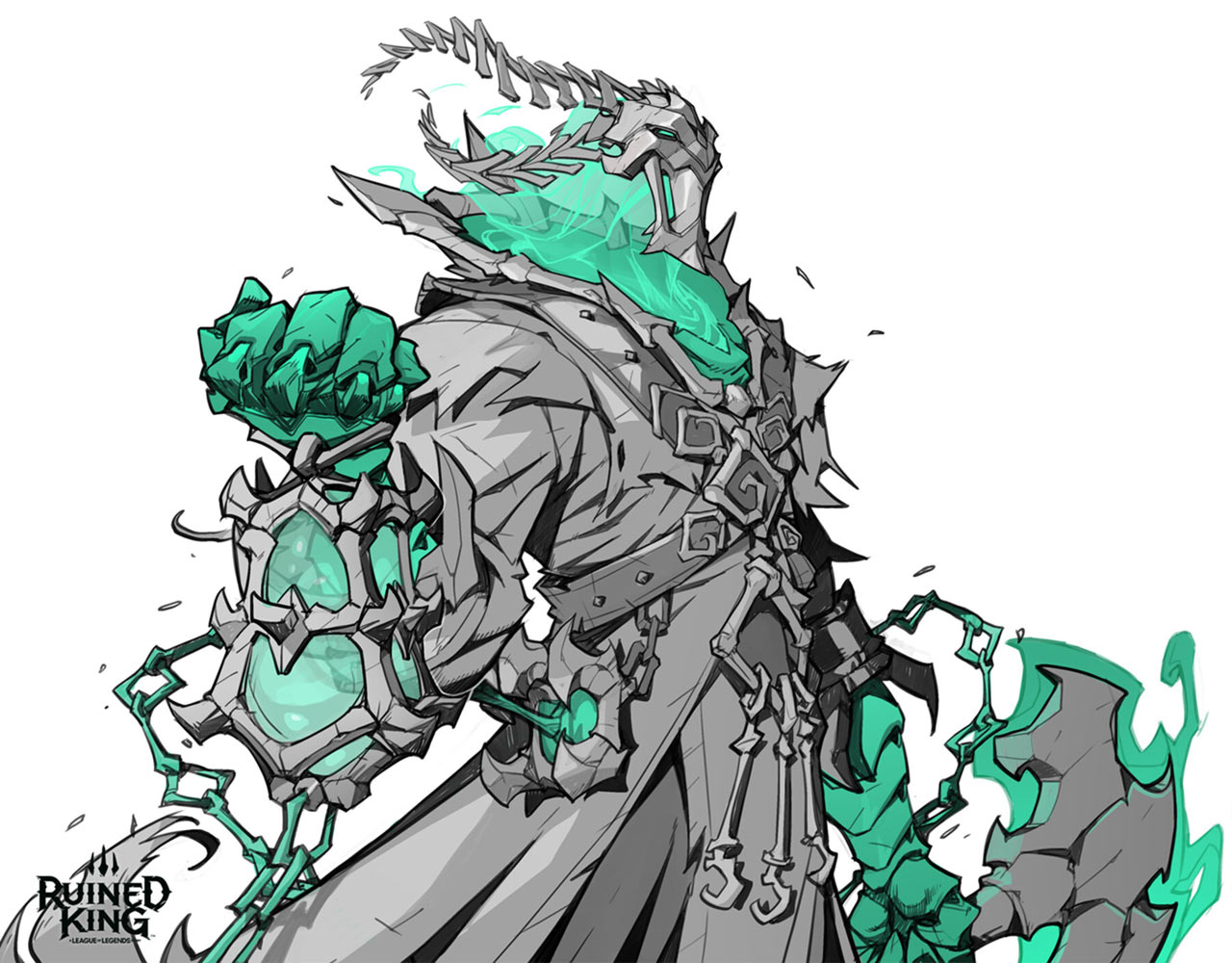 this is a sketch of a character from the video game ruined king: a league of legends story. the character is a ghostlike figure with green and blue hues, wearing a coat and holding a scythe. they appear to be holding an hourglass in their left hand. the sketch is detailed with intricate designs and appears to be in the early stages of development.