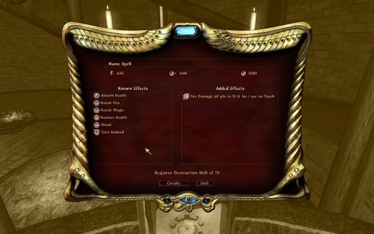 this image shows a menu in a fantasy rpg video game. the menu allows the player to customize a spell by adding various effects. the menu is titled "new spell" and lists the known effects of the spell as well as an option to add more effects. the current effects include absorb health, absorb fire, absorb magicka, restore health, shield, and turn undead. the player can add more effects by selecting from the list, including fire damage, which is highlighted. the player can create or cancel the spell. the menu is surrounded by a golden border, with a blue gem in the top center. the background is a dimly lit room with wooden walls.