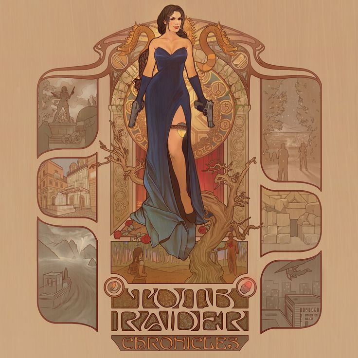 this image is a vintagestyle poster or art piece featuring lara croft from tomb raider chronicles. lara is depicted in a blue evening gown, holding two guns, with a golden dragon emblem above her. around her are vignettes of scenes from the game, showcasing various locations and scenarios. the artwork is in the style of art nouveau with ornamental details. the title "tomb raider chronicles" is prominently displayed at the bottom.